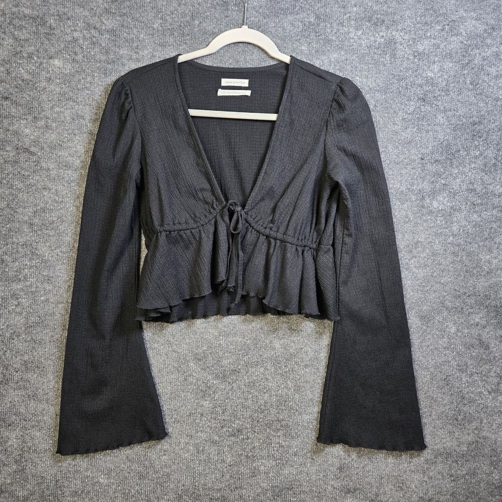 Urban Outfitters Top Womens S Black Crepe Tie Front Flare Slv Cropped Whimsygoth